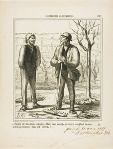 "- Zdá se, že tě moje práce baví. Výměnou za to bych ti mohl nabídnout, že budu dělat tvou práci: "Vezmu tě na projížďku tvým kočárem!", talíř 249 z knihy Les Parisiens A La Campagne od Honoré Victorin Daumier