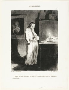 Humanistická spisovatelka, která se oddává mozkovým filozofickým úvahám na téma člověk!, deska 15 z knihy Les Bas-Bleus od Honoré Victorin Daumier
