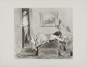 Horlivý student cvičí doma, deska 6 z knihy Les Baigneuses od Honoré Victorin Daumier