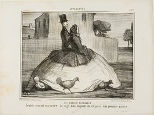 Omluvitelná chyba. Slepice si myslí, že našly klec, ve které strávily rané dětství, deska 21 z knihy La Crinolomanie od Honoré Victorin Daumier