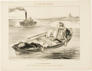 Nepříjemné setkání. "Bernardel, Bernardel! Přijíždí parník... potopíme se!", deska 16 z knihy Les Canotiers Parisiens od Honoré Victorin Daumier