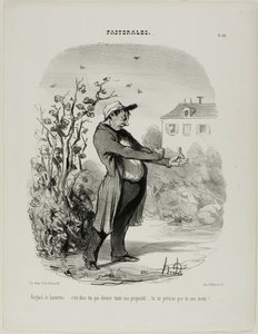 "Zloděj májového brouka... jsi to ty, kdo požírá veškerý můj majetek. Zahyneš mou rukou!"," deska 32 z Pastorales od Honoré Victorin Daumier
