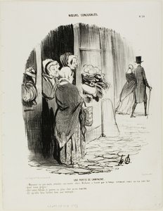 Zábava na venkově. "- Monsieur nechtěl čekat na svého synovce a madam si myslela, že by mohlo brzy začít pršet, ale on se tím opravdu netrápil. - To je ale starý lakomec! - Nebojte se, matko Poirierová, on za to draze zaplatí... víc než je tržní cena. od Honoré Victorin Daumier