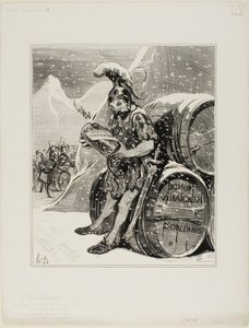 Hannibalův přechod. Tyto vznešené hory, kde hřeben sněhu připomíná bílé čelo obra, se chvějí, aby vyrazily cestu, s vítězoslavnou písní Hannibal proměnil Alpy v kornišon. (Les Occidentals od pana Quineta), deska 28 z knihy Histoire Anci od Honoré Victorin Daumier