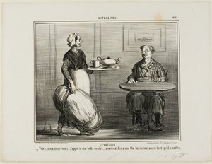 Bylinný čaj. "- Tady máte, pane, myslela jsem, že vám přinesu celé balení sena, abyste se mohl sám rozhodnout o síle svého čaje," talíř 416 z Actualités. od Honoré Victorin Daumier
