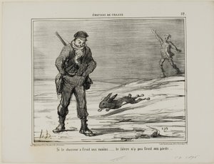 Když má lovec studené ruce... zajíc nemá studené nohy, deska 22 z knihy Émotions De Chasse od Honoré Victorin Daumier