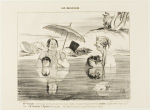 Paní Greluche: "Ach, Gustave, jak je to dobré! Opravdové uklidňující teplo! Podívejte se na našeho syna Louloua, jak se roztomile tváří!" Pan Greluche: "A Pyramus, ten se bojí, bojí se jako pes. Kdybyste jen věděli, co právě teď dělá, ten malý rošťák," tal od Honoré Victorin Daumier