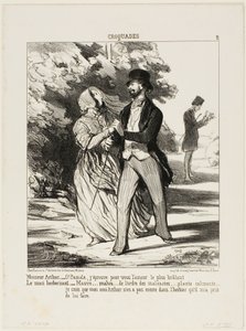 Monsieur Arthur: "- Ach, Pamelo! Hořím k tobě láskou!" Manžel bylinkář: "z čeledi Malvaceae... sedativum... Nevěřím, že můj přítel Arthur má tento exemplář v herbáři, který mě požádal, abych pro něj sestavil," deska 2 fro od Honoré Victorin Daumier