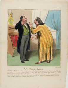 Robert Macaire, zubař. "- Zatraceně, doktore, vytrhl jste dva dobré zuby a nechal dva špatné. - (Robert Macaire stranou) Ďábel!!! ... (hlasitě) Samozřejmě.... A to z dobrého důvodu: na vytržení těch špatných bude dost času. Ty dobré by jistě od Honoré Victorin Daumier