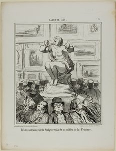 Nelibost sochy umístěné uprostřed výstavy obrazů, deska 5 ze Salonu 1857 od Honoré Victorin Daumier