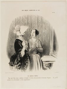 Klobouk Pamela. "Máte naprostou pravdu, madam, že jste si osvojila tuto úchvatnou formu nového klobouku......, zvláště z boku se krásně hodí k vaší fyziognomii.....!, "talíř 76 z Les Beaux Jours De La Vie od Honoré Victorin Daumier