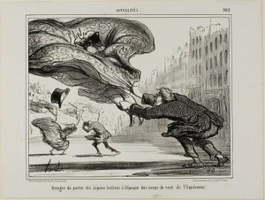 Nebezpečí nošení sukní s obručí během náhlé jarní bouřky, deska 26 z La Crinolomanie od Honoré Victorin Daumier