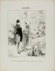 Manžel chce, aby se podíval na jeho teplé lůžko, přítel sní jen o tom, že uvidí svou ženu, deska 3 z Les Amisa od Honoré Victorin Daumier