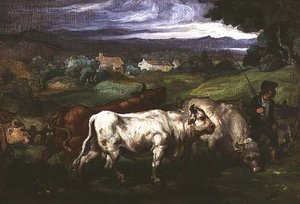 Dobytek a drover v krajině od Honore (circle of) Daumier