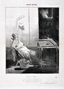 Umělecké dílo od Honore Daumier (1808-1879) Charivari pochází z roku 1842: Serie HISTORIE ANCIE Les Nuits de Penelope „“ Z jejího spooux nepřítomného rozkošného profilu Forever se svým sladkým očima zářila jako hvězda Účel utkat tři roky a její mazanost a  od Honoré Daumier