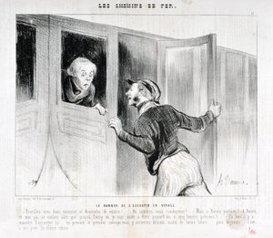 Umělecké dílo Honore Daumiera (1808-1879). Charivari pochází z roku 1843: Serie LES RAILWAYS Nebezpečí usnutí na cestě „“ -Probuďte se, pane a vystupte z auta! - Kam jedeme? - Ale Rouen parbleu! - V Rouen a já, který jsme chtěli jet jen do Poiss od Honoré Daumier