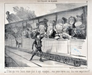 Umělecké dílo Honore Daumiera (1808-1879). Charivari pochází z roku 1852: Serie LES TRAINS DE PLEASURE - Musíte uvolnit místo pro sedm cestujících... ve svém kupé jste příliš pohodlní! MUZEUM VÝTVARNÉHO UMĚNÍ - PALACE LONGCHAMP, MARSEILLE od Honoré Daumier