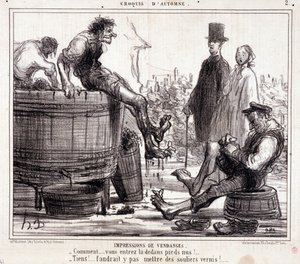 Kreslený film o kombajnech, kteří šlapou bosé hrozny, ze seriálu „Podzimní skica“ od Honoré Daumier