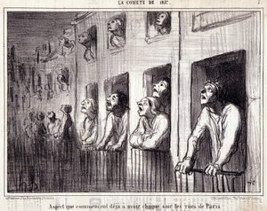 Karikatura o vědě. Serie Sur “” la Comete de 1857”””: “” Aspekt, který už začíná mít každou noc v ulicích Paříže””. Rytina Honore DAUMIEROVÉ (1808-1879). Výňatek z novin „“Le Charivari““. Rozměr 38 x 25 cm. Inv D - box 7 Marseille, od Honoré Daumier