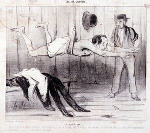 Kreslený vtip o turistech na dovolené. Série "Les Baigneurs": "La lecon a dry". Seriál "Les Baigneurs": "La lecon a dry". Rytina Honore DAUMIER (1808-1879). Výňatek z novin "Le Charivari". Rozměr 25x36 cm krabice 12 Marseille, Musee od Honoré Daumier