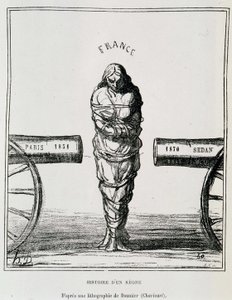 Historie Regne: Francie v klešťovém hnutí mezi Paříží 1851 a Sedanem 1870 - litografie Honore Daumiera publikovaná v „“Le Charivari“, sd. kolem roku 1871 od Honoré Daumier