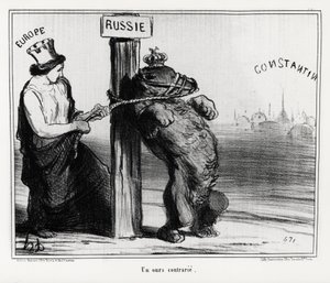 Rusko: medvěd naštvaný (Evropou). V březnu 1854 Francie a Anglie uzavřely spojenectví s Tureckem proti Rusku Ilustrace Honore Daumier (1808-1879), publikované v novinách „Charivari“ od Honoré Daumier
