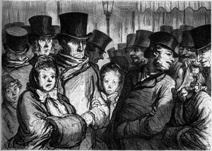 Temple Boulevard o půlnoci. Vlevo, lidé vycházející z dramatu. Dobře, lidé opouštějí funambuly. Kreslený film Honore Daumier (1808-1879). Rytina v „“ Le Monde Illustré““ č. 254 z 22. února od Honoré Daumier