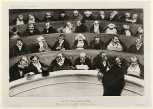 The Legislative Belly: Pohled na ministerské lavice v improvizované komoře z roku 1834 (litografie) od Honoré Daumier