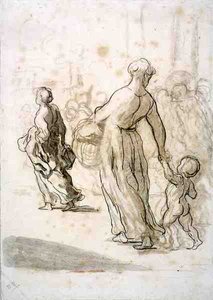 Dvě ženy a dítě, kolem 1848-50 (křída, dřevěné uhlí a kvaš na starožitném papíře) od Honoré Daumier
