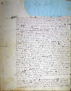 První stránka rukopisu „Le Pere Goriot“ (pero a inkoust na papíře)