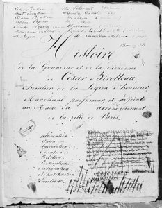 Titulní list knihy "Histoire de la Grandeur et de la Decadence de Cesar Birotteau", 1839 od Honore de Balzac