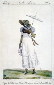 Módní rytina od Horace Verneta (1789 - 1863), vytvořená kolem roku 1810 pro „A Wonderful“, zobrazující ženu s baldachýnem z ecrue, krvavou tartanovou výšivkou a deštníkem. od Emile Jean Horace Vernet