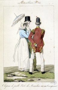 Módní rytina od Horace Verneta (1789 - 1863) vytvořená kolem roku 1810 pro číslo 25 „Marvelous“, představující ženskou módu (slaměný klobouk a šifonové šaty) a mužskou. od Emile Jean Horace Vernet