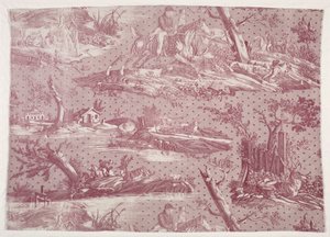 Fragment mědirytinového tisku na bavlně s motivem lovecké scény od Horace Vernet