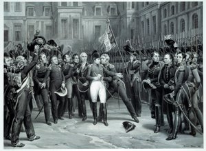 Rozloučení Napoleona Bonaparta (1769-1821) s císařskou stráží na nádvoří Cheval Blanc ve Fontainebleau 20. 4. 1814 Rytina Emile Vernet dit Horace Vernet (1789-1863) 1814 Paříž, B.N. od Emile Jean Horace Vernet