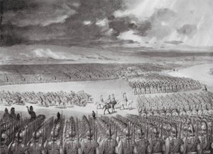 Porus očekává Alexandrův útok, červenec 326 př. n. l. (litografie) od Horace van Ruith