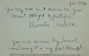 Část prvního dopisu, který Nelson napsal po ztrátě pravé ruky. od Horatio Nelson