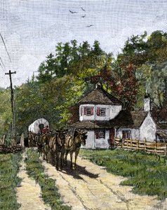 Kočár na západ Spojených států u brány National Pike, kolem roku 1850. Barevná rytina z 19. století
