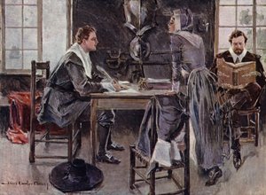 Ilustrace k Námluvě Milese Standishe od Henryho Wadswortha Longfellowa (barevné lito)