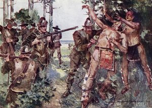Ilustrace k Námluvě Milese Standishe od Henryho Wadswortha Longfellowa (barevné lito)