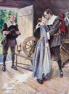 Ilustrace k filmu The Courtship of Miles Standish od Henryho Wadswortha Longfellowa (barevné lito)