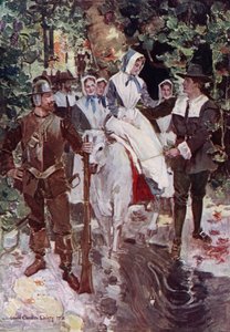 Ilustrace k Námluvě Milese Standishe od Henryho Wadswortha Longfellowa (barevné lito)