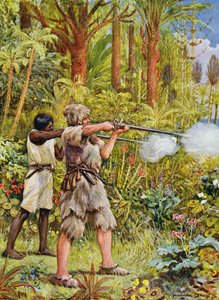 Crusoe a Friday Shoot the Savages, ilustrace k ‚Robinson Crusoe‘ od Daniela Defoe (1660-1731) (barevné lito)