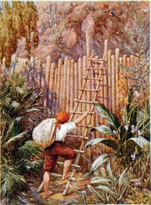 Crusoe a jeho pevnost, ilustrace k ‚Robinson Crusoe‘ od Daniela Defoe (1660-1731) (barevné lito)