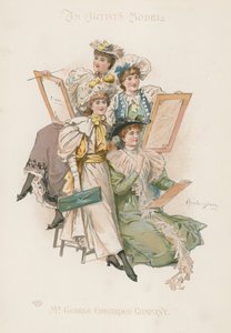 Skupina čtyř dobře oblečených žen držících rýsovací prkna (barevná litografie) od Howard Davie