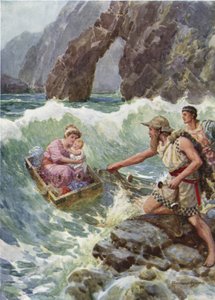 Přitáhl ji a dítě v bezpečí na skalní římsu. Z Jak Perseus a jeho matka přišli na Seriphos (barva litho)