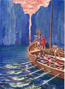 „Hera nám poslala pilota; pojďme následovat mazaného ptáka, ilustrace k filmu Jak se Argonauti plavili do Kolchidy, z Hrdinů řeckých pohádek od Charlese Kingsleyho (1819-75) (barevné lito)