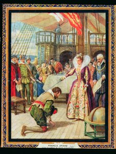 Královna Alžběta I. (1530-1603) rytíři Francis Drake (1540-96), ilustrace z 