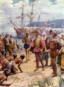 Sir Walter Raleigh, přistání ve Virginii (barevné lito) od Howard Davie