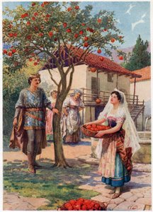 „Ovoce samo spadlo do koše.“ z Italských pohádek od Lilie E. Romano, vydané nakladatelstvím Raphael Tuck & Sons (barevné lito) od Howard Davie